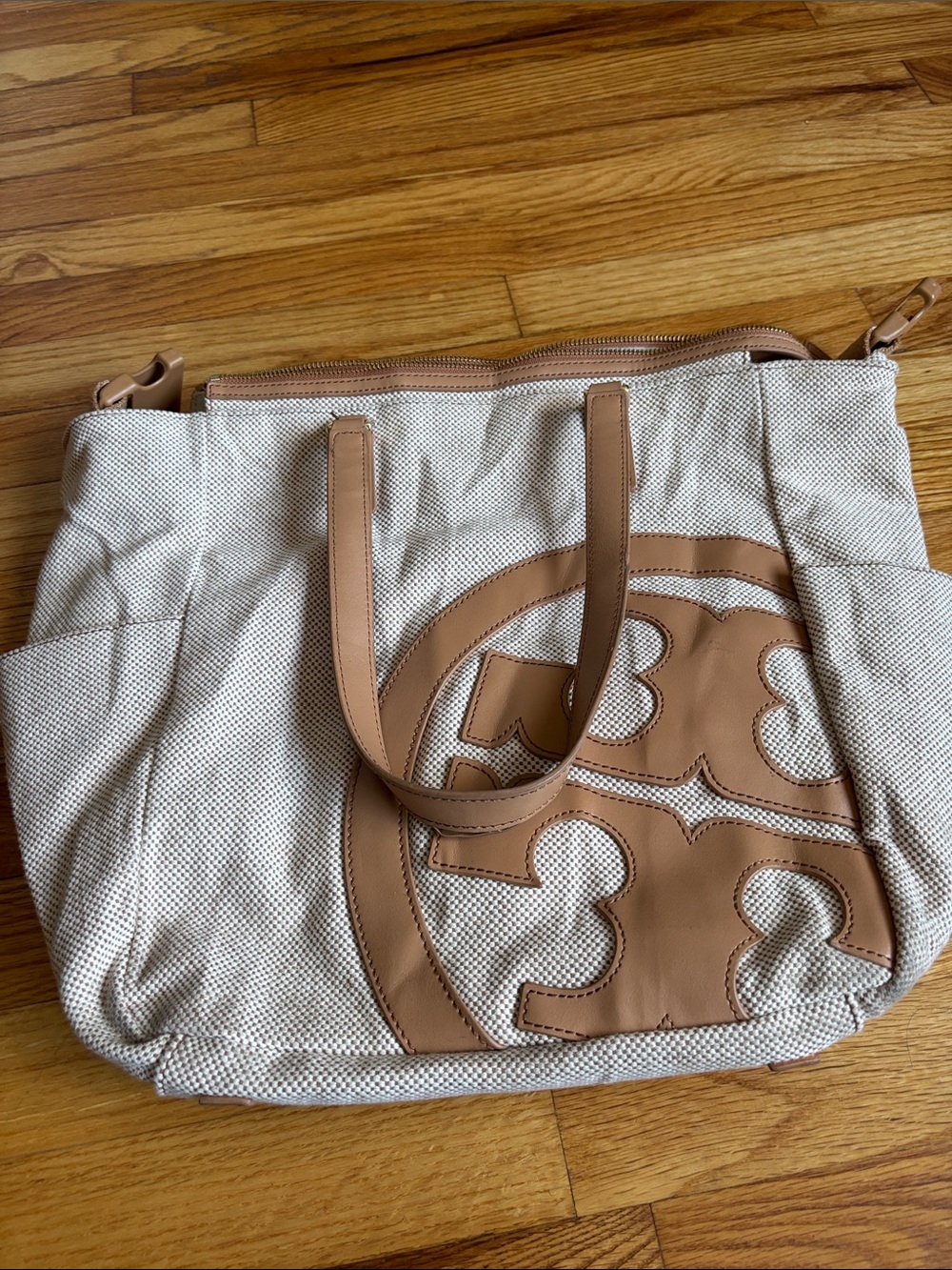 Tote Bag in Cream and Tan with Logo Accent missing shoulder strap